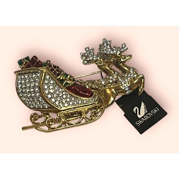 NEW W/TAG Signed Swarovski Santa's Christmas Reindeer Sleigh Pin/Brooch--RETIRED - Picture 6 of 9